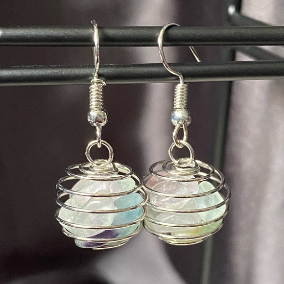 Silver-tone Rainbow Fluorite Cage Earrings - Picture 5 of 5